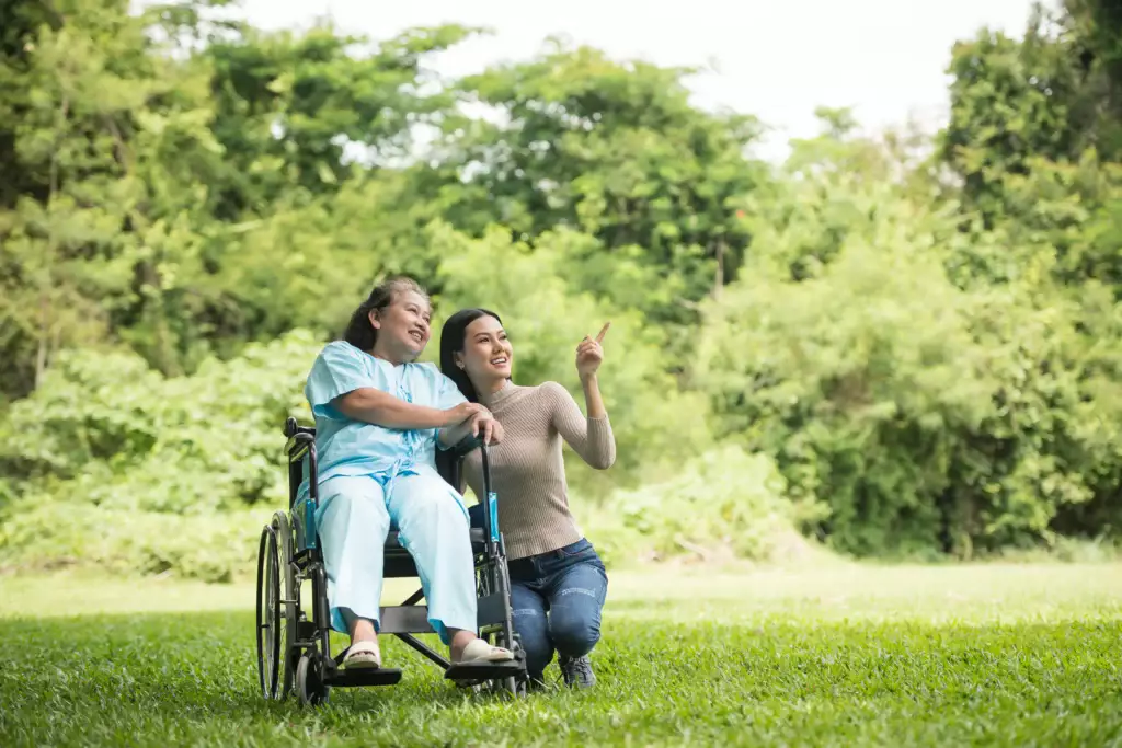 Carer in Aberdeenshire supporting safe outdoor mobility in local community