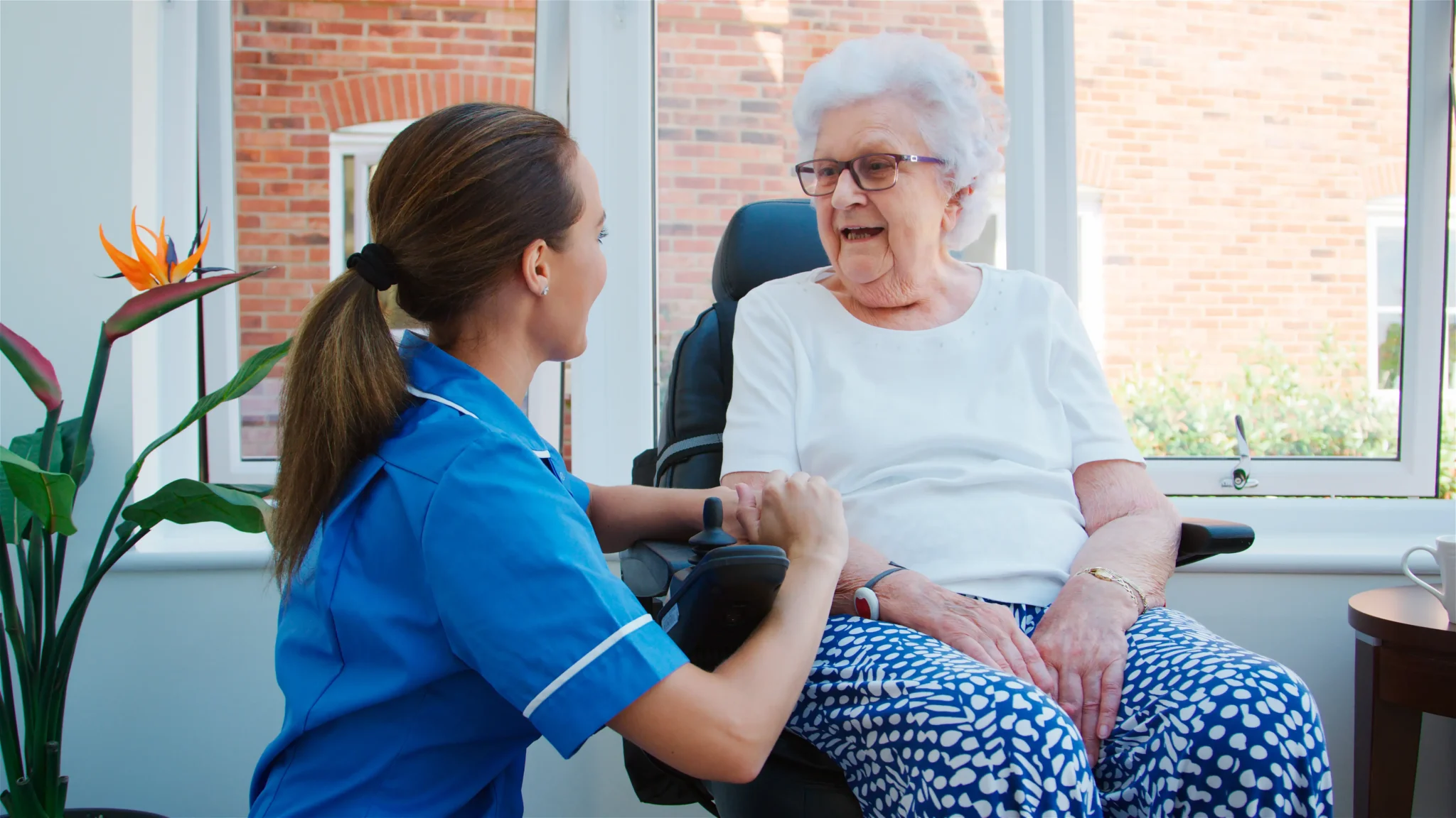 A nurse in a blue uniform kneeling and chatting to a smiling elderly person sitting in a large black chair. A large window and tall flowers are in the background