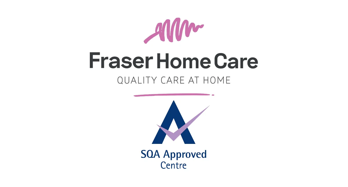 A business logo for Fraser Home Care with the text "Fraser Home Care Quality Care At Home SQA Approved Centre." The text is in black and the SQA logo is dark blue and purple