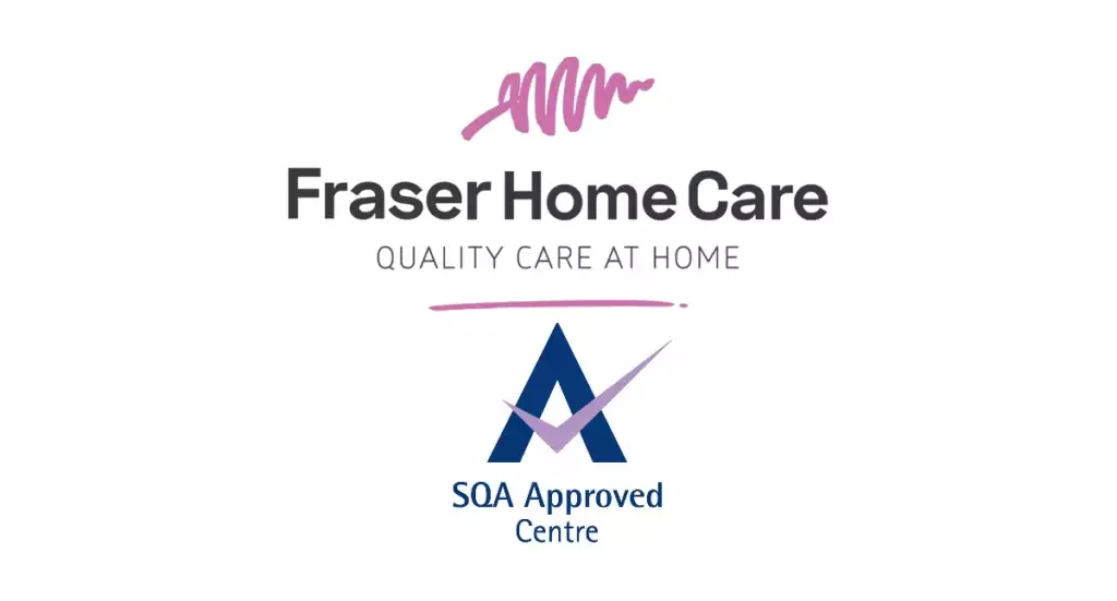 A business logo for Fraser Home Care with the text "Fraser Home Care Quality Care At Home SQA Approved Centre." The text is in black and the SQA logo is dark blue and purple