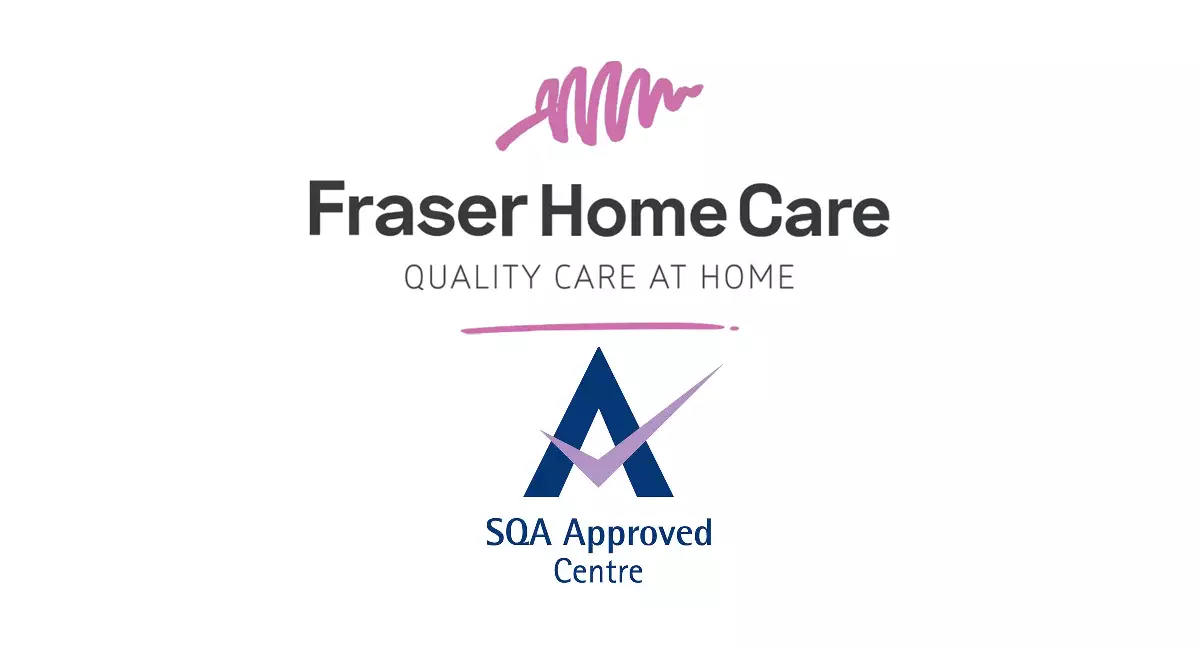 A business logo for Fraser Home Care with the text "Fraser Home Care Quality Care At Home SQA Approved Centre." The text is in black and the SQA logo is dark blue and purple
